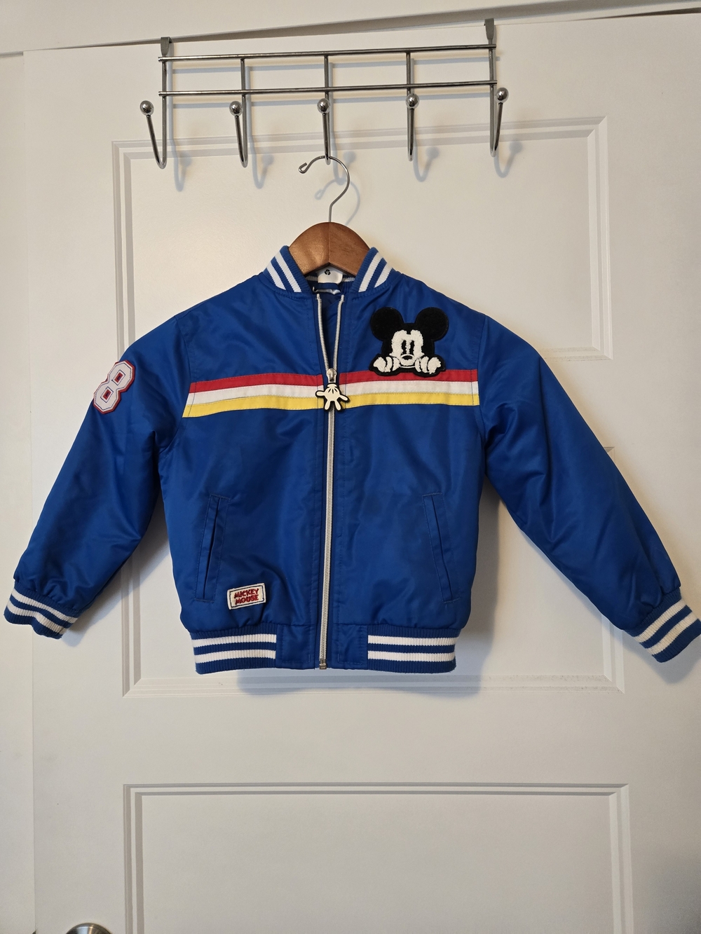 Disney Blue Mickey Mouse Puffer Jacket with Red and Yellow Stripes